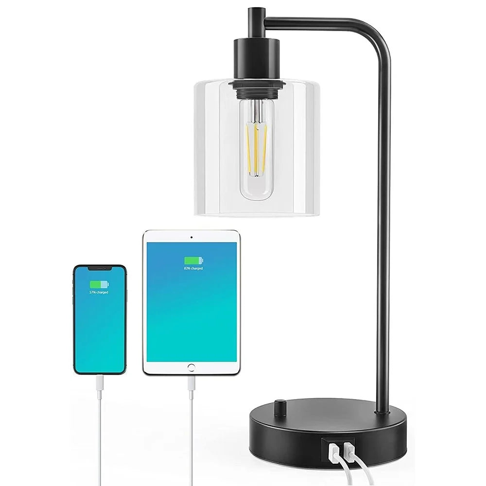 E27 Bulb Adjustable Brightness Retro Glass Table Lamp with Dual USB Ports, Glossy Glass - 2