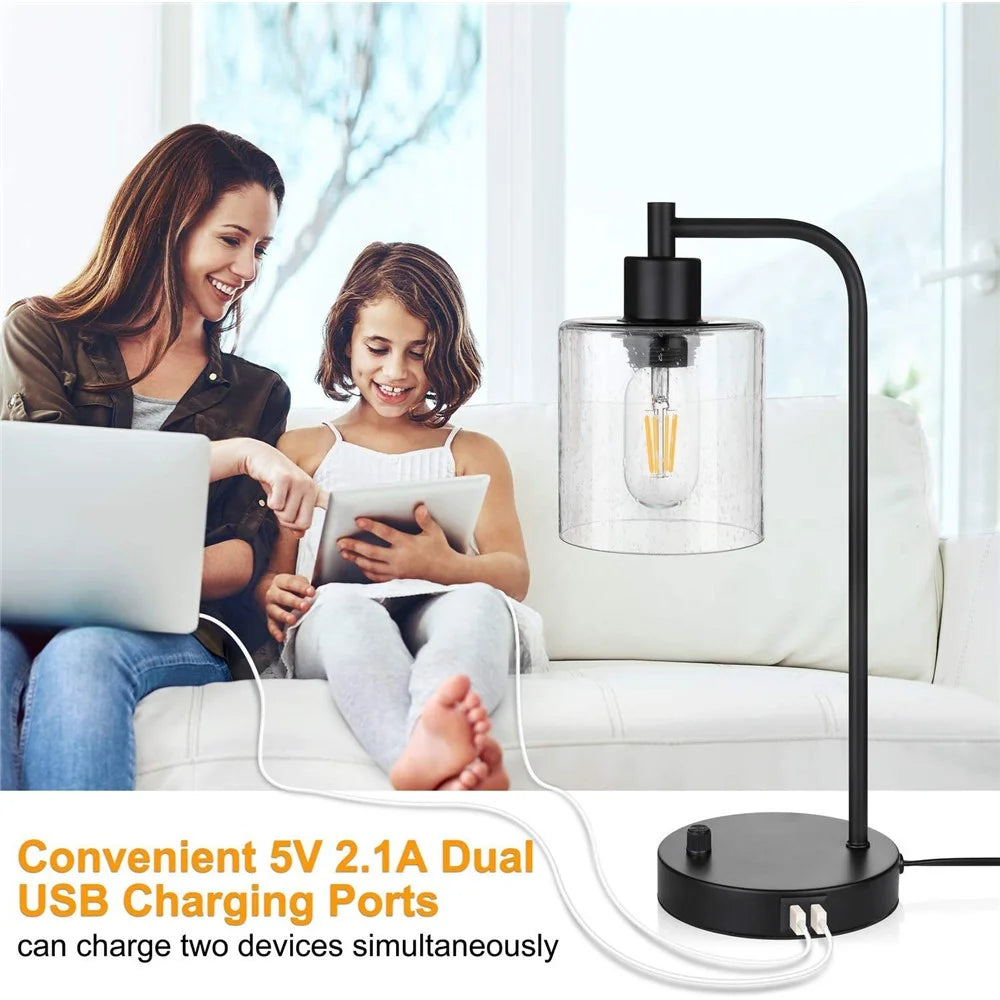 E27 Bulb Adjustable Brightness Retro Glass Table Lamp with Dual USB Ports, Glossy Glass - 3