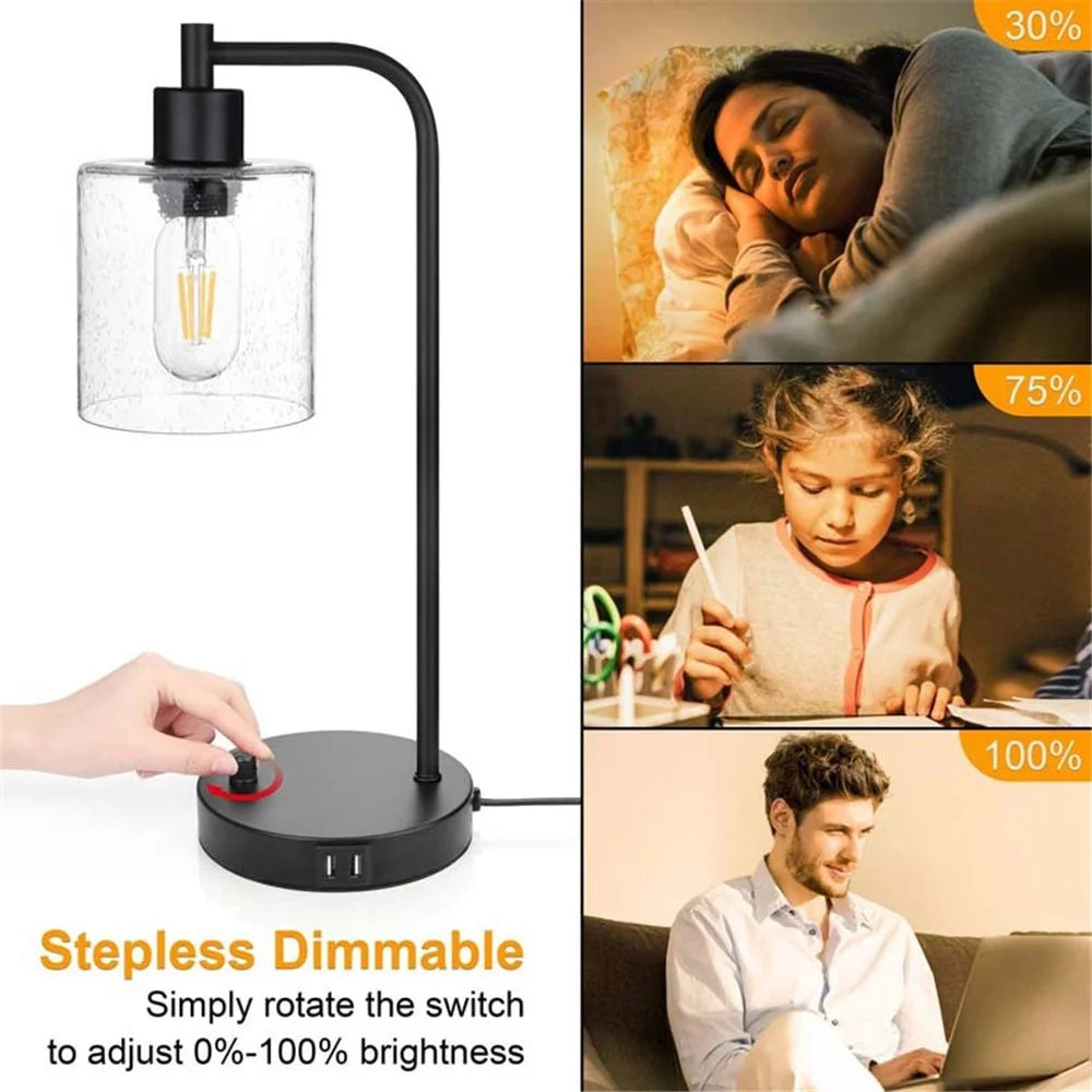 E27 Bulb Adjustable Brightness Retro Glass Table Lamp with Dual USB Ports, Glossy Glass - 4