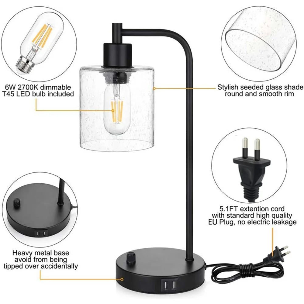 E27 Bulb Adjustable Brightness Retro Glass Table Lamp with Dual USB Ports, Glossy Glass - 5