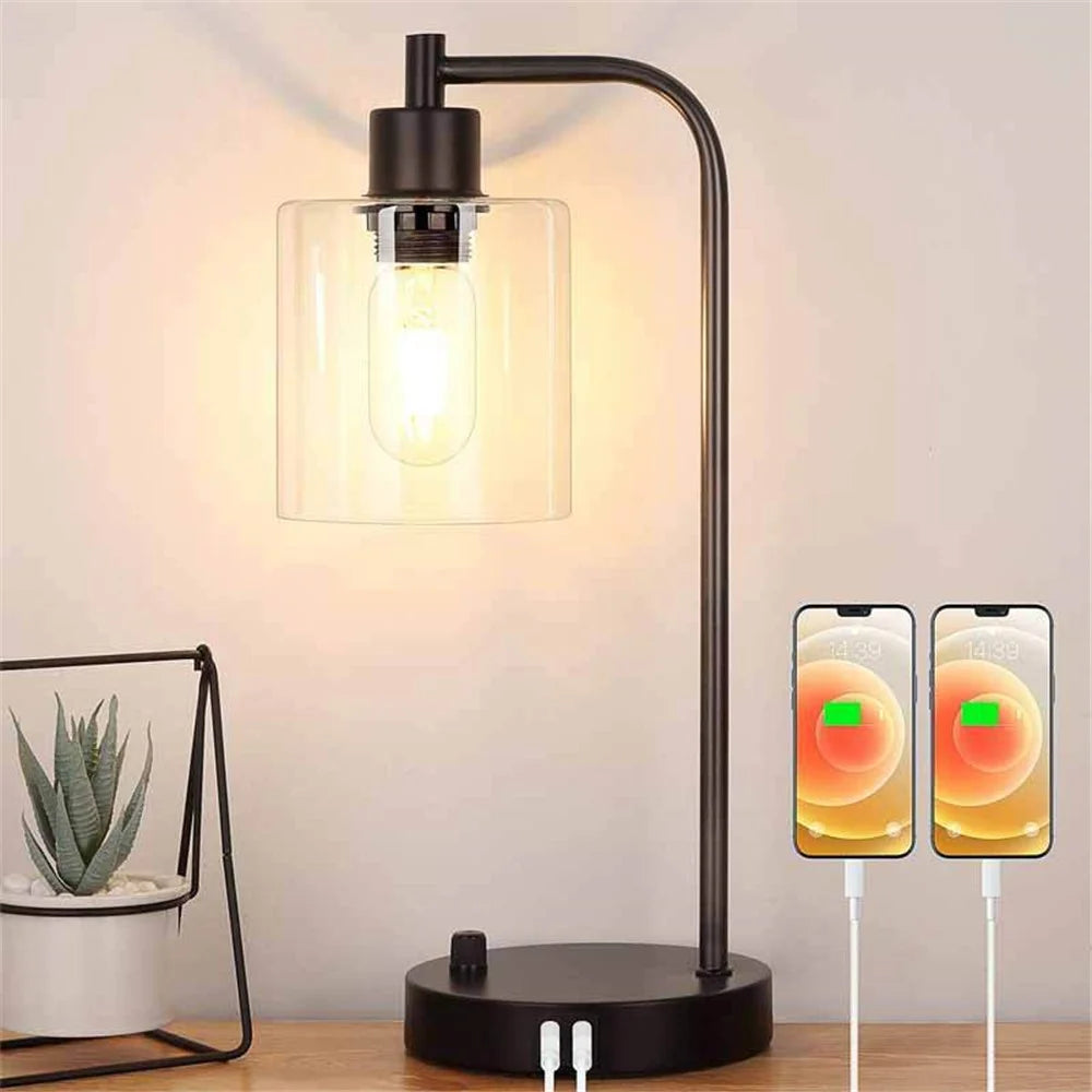 E27 Bulb Adjustable Brightness Retro Glass Table Lamp with Dual USB Ports, Glossy Glass - 6