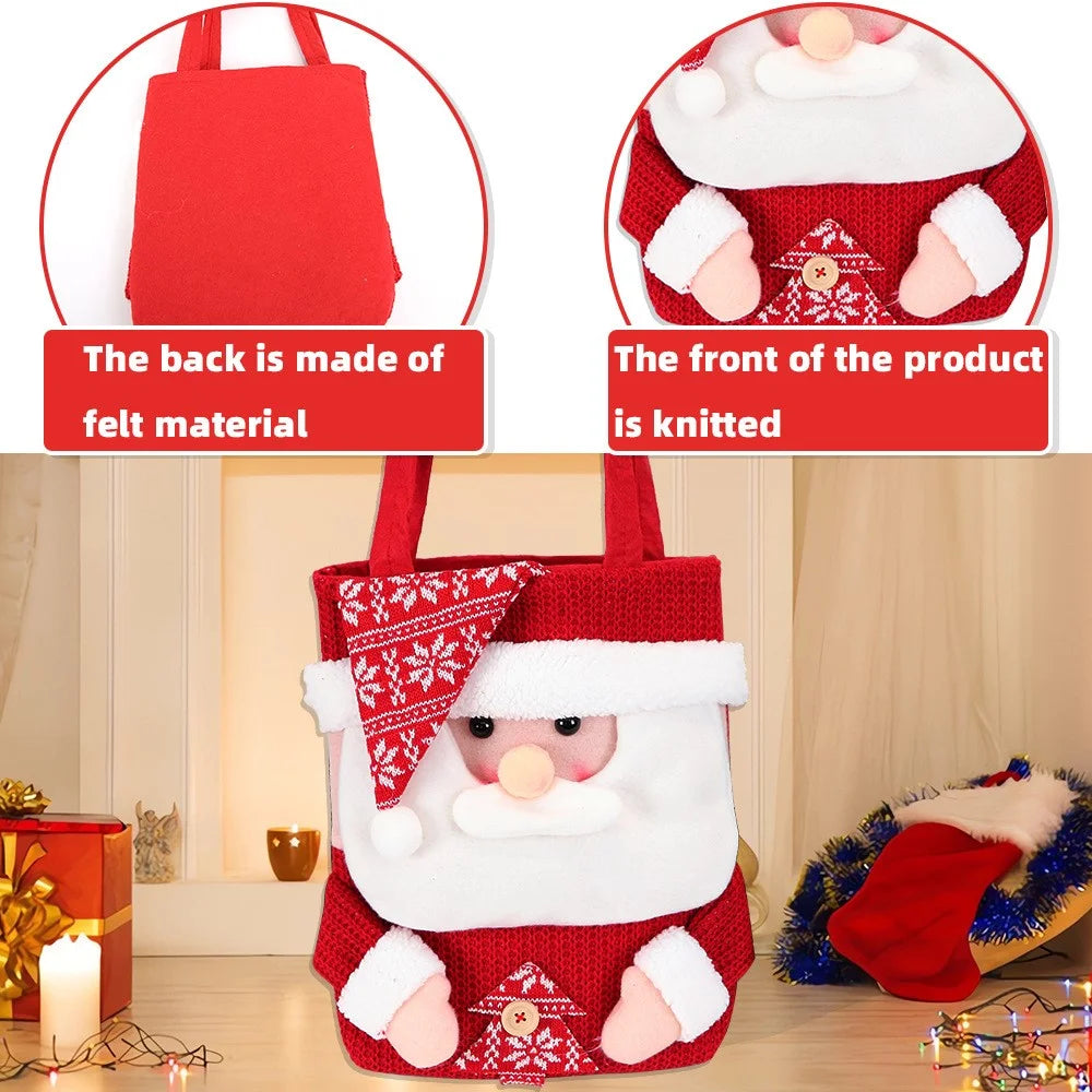 Christmas Candy Tote Bag Santa Snowman Deer Knit Felt Treat Gift Bag Party Decoration - Hat Santa - 3