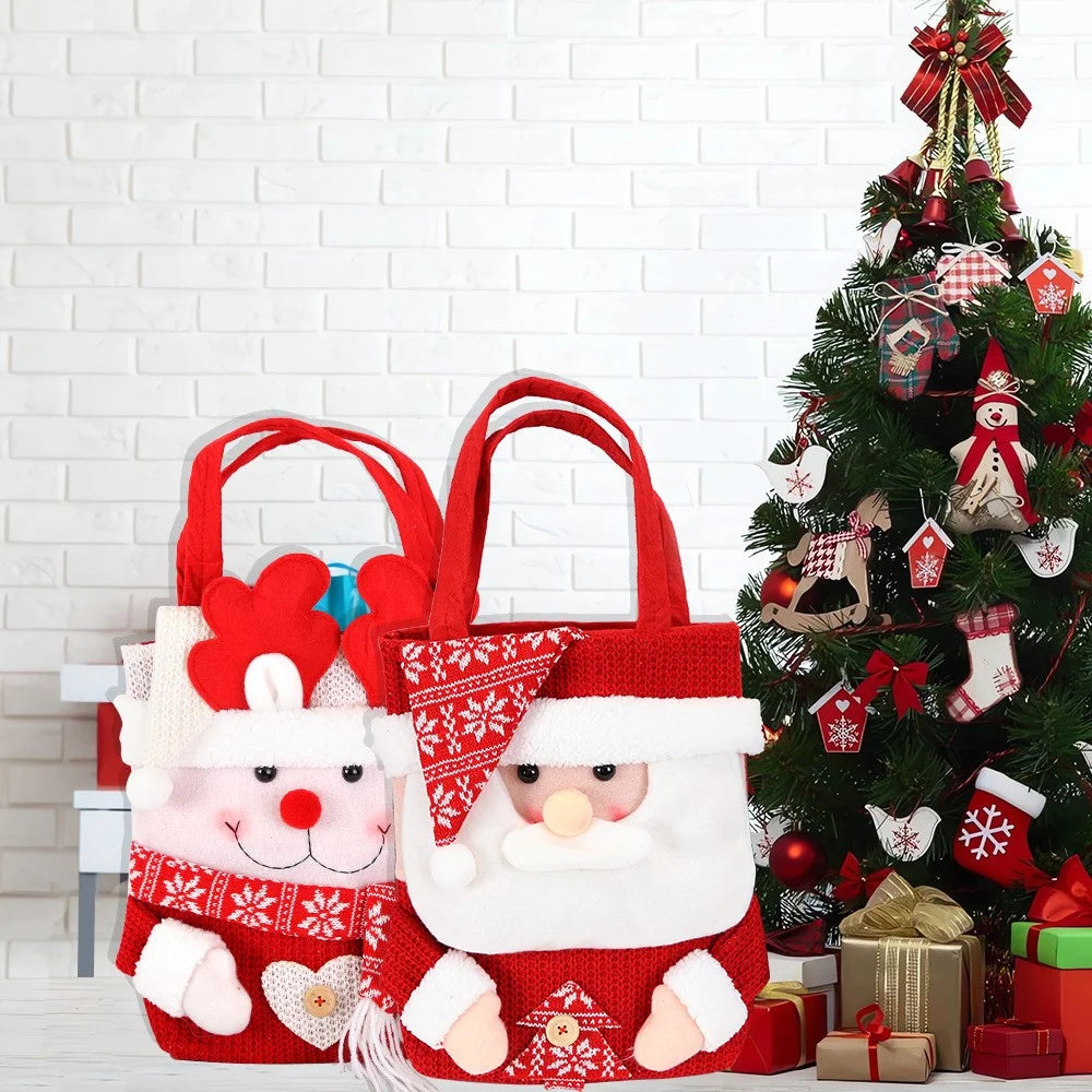 Christmas Candy Tote Bag Santa Snowman Deer Knit Felt Treat Gift Bag Party Decoration - Hat Santa - 4