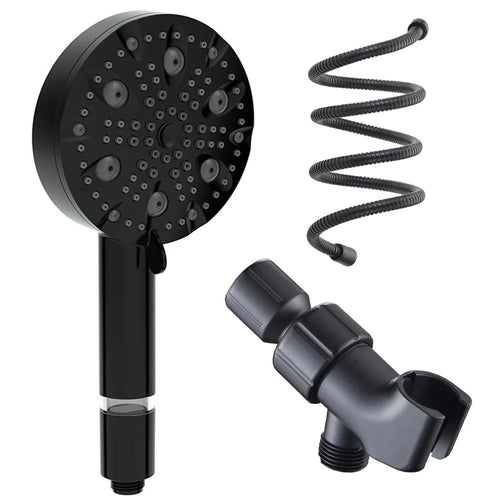 Water Saving 10 Modes Handheld Filter Shower Head with Stainless Steel Hose + Bracket, Matte Black - 1