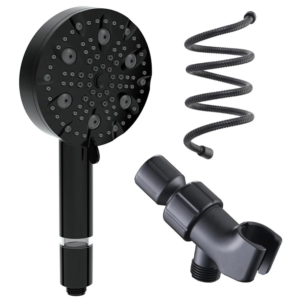 Water Saving 10 Modes Handheld Filter Shower Head with Stainless Steel Hose + Bracket, Matte Black - 1