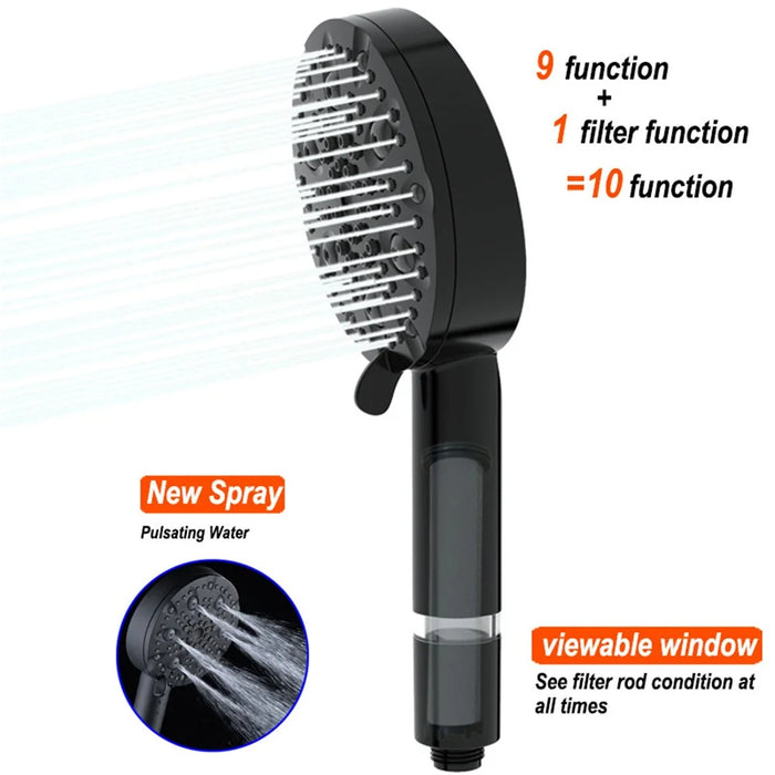 Water Saving 10 Modes Handheld Filter Shower Head with Stainless Steel Hose + Bracket, Matte Black - 3