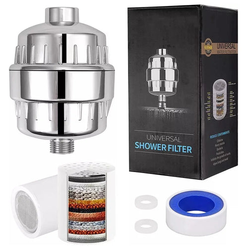 16 Stages Bathroom Water Filter Remove Chlorine Heavy Metals Filtered Shower Head, with 2 Filters - 1