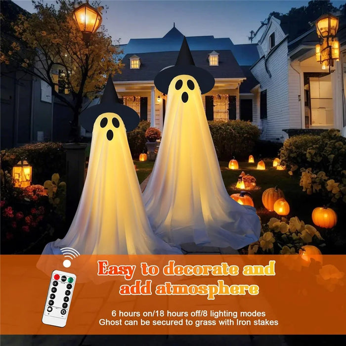 2Pcs Halloween Outdoor Ghost Decoration with String Lights, Adjustable Height for Front Door, Porch, and Yard - 2