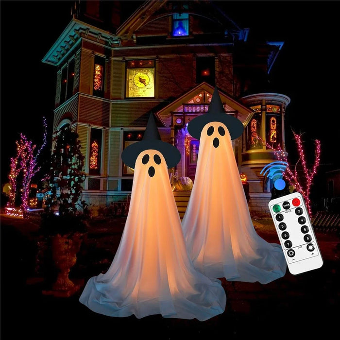 2Pcs Halloween Outdoor Ghost Decoration with String Lights, Adjustable Height for Front Door, Porch, and Yard - 3