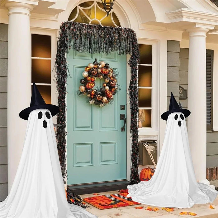 2Pcs Halloween Outdoor Ghost Decoration with String Lights, Adjustable Height for Front Door, Porch, and Yard - 5