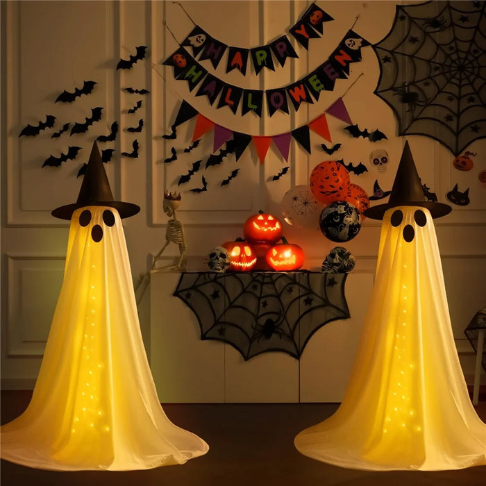 2Pcs Halloween Outdoor Ghost Decoration with String Lights, Adjustable Height for Front Door, Porch, and Yard - 6