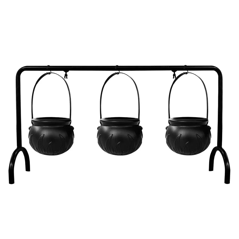 Halloween Decor 3 Sets Witches Cauldron Serving Bowls on Rack Black Plastic Candy Bucket for Home Kitchen - 1