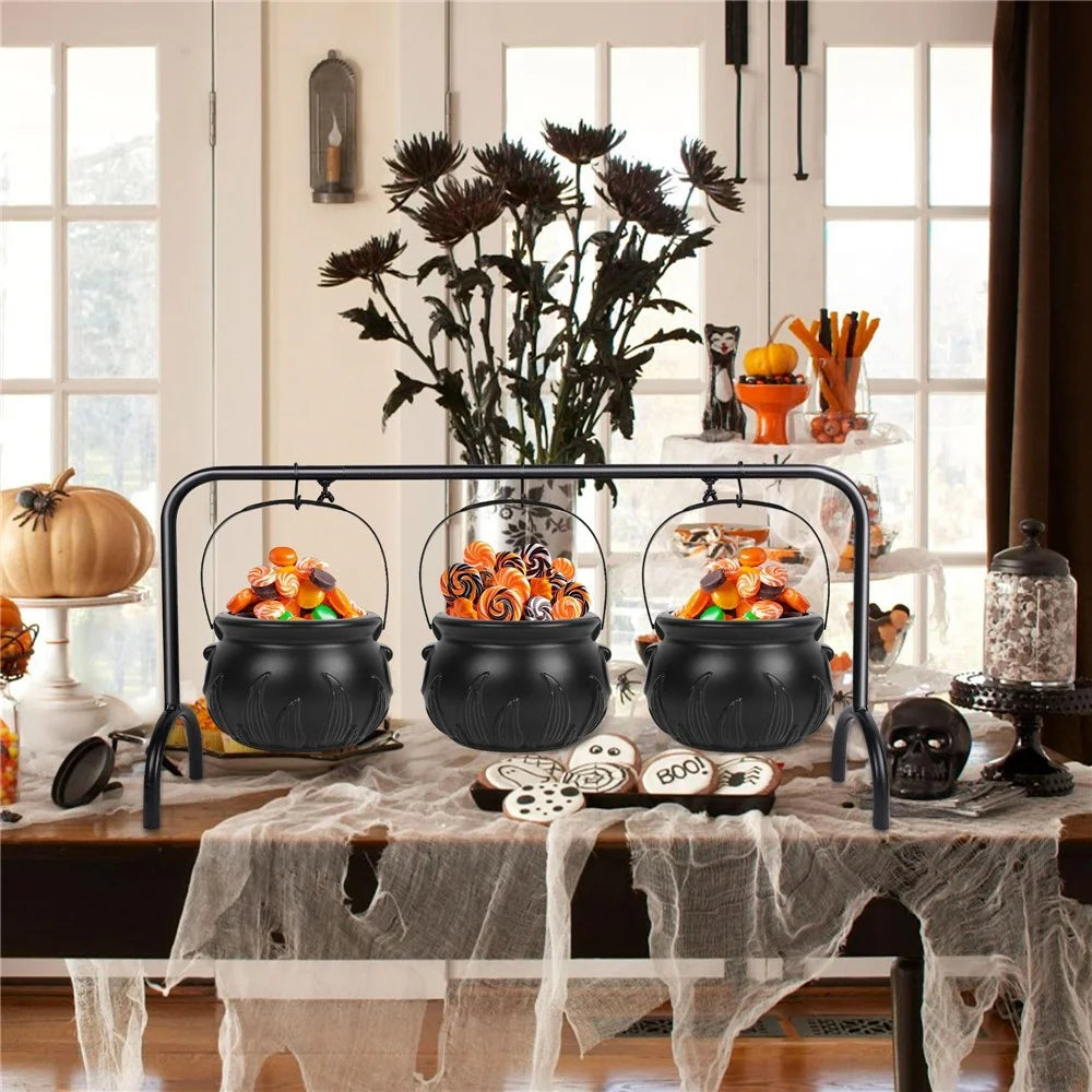Halloween Decor 3 Sets Witches Cauldron Serving Bowls on Rack Black Plastic Candy Bucket for Home Kitchen - 2