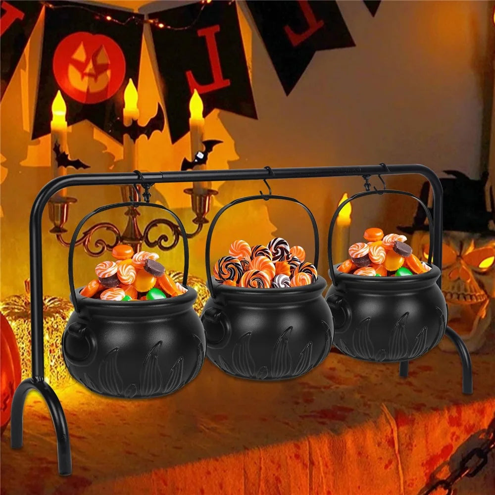 Halloween Decor 3 Sets Witches Cauldron Serving Bowls on Rack Black Plastic Candy Bucket for Home Kitchen - 3