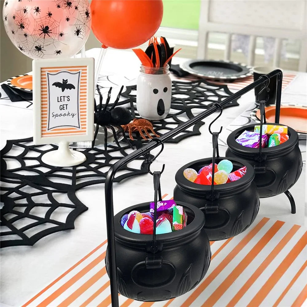 Halloween Decor 3 Sets Witches Cauldron Serving Bowls on Rack Black Plastic Candy Bucket for Home Kitchen - 4