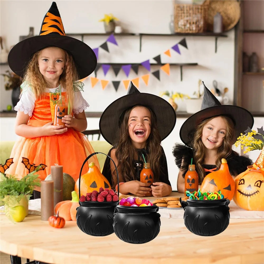 Halloween Decor 3 Sets Witches Cauldron Serving Bowls on Rack Black Plastic Candy Bucket for Home Kitchen - 5