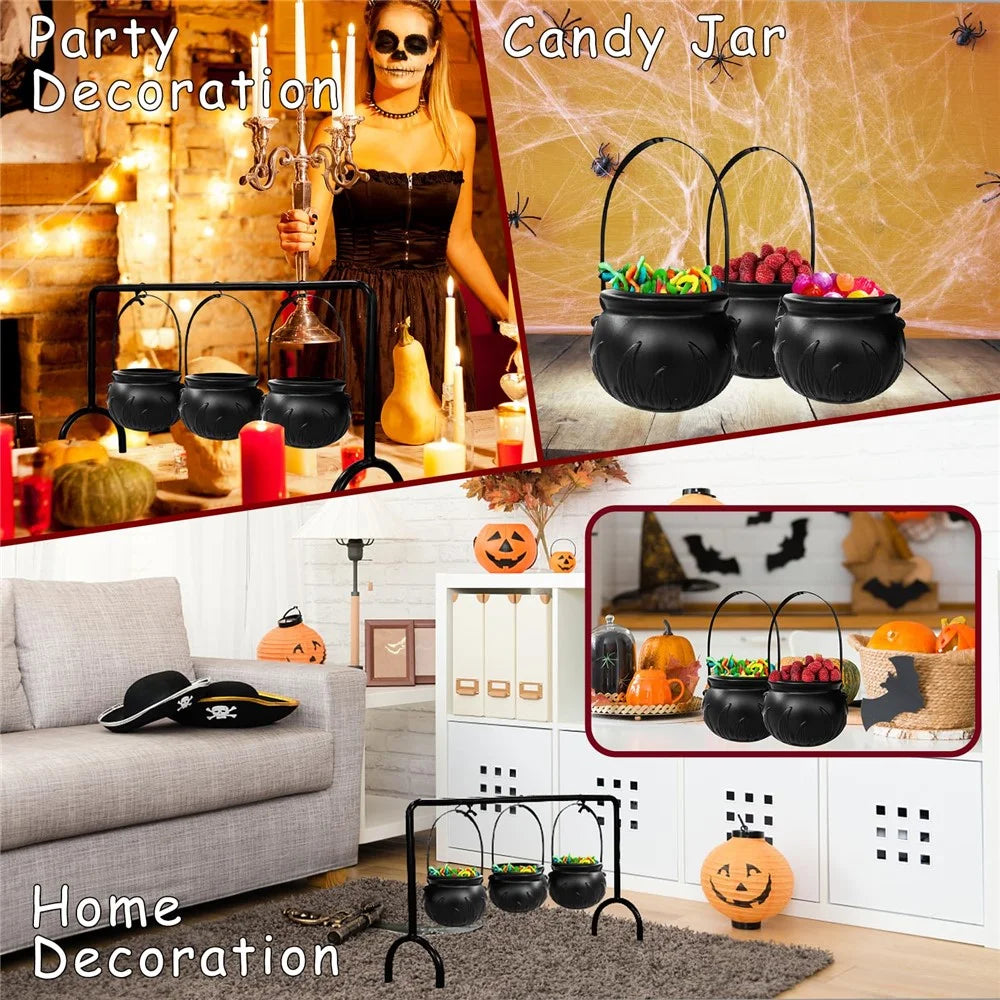 Halloween Decor 3 Sets Witches Cauldron Serving Bowls on Rack Black Plastic Candy Bucket for Home Kitchen - 7