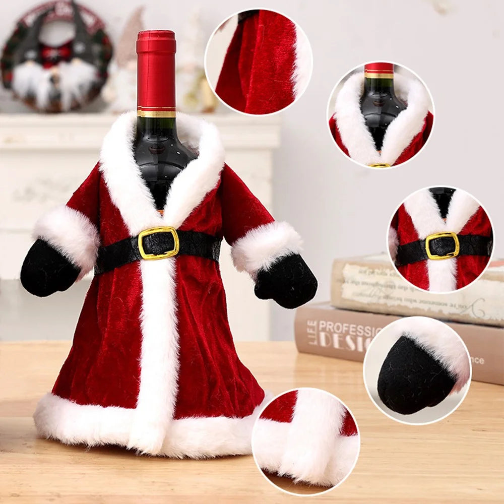 Velvet Wine Bottle Cover Santa Red Wine Bottle Sweater Cover with Belt Set for Christmas Party - Coat - 3