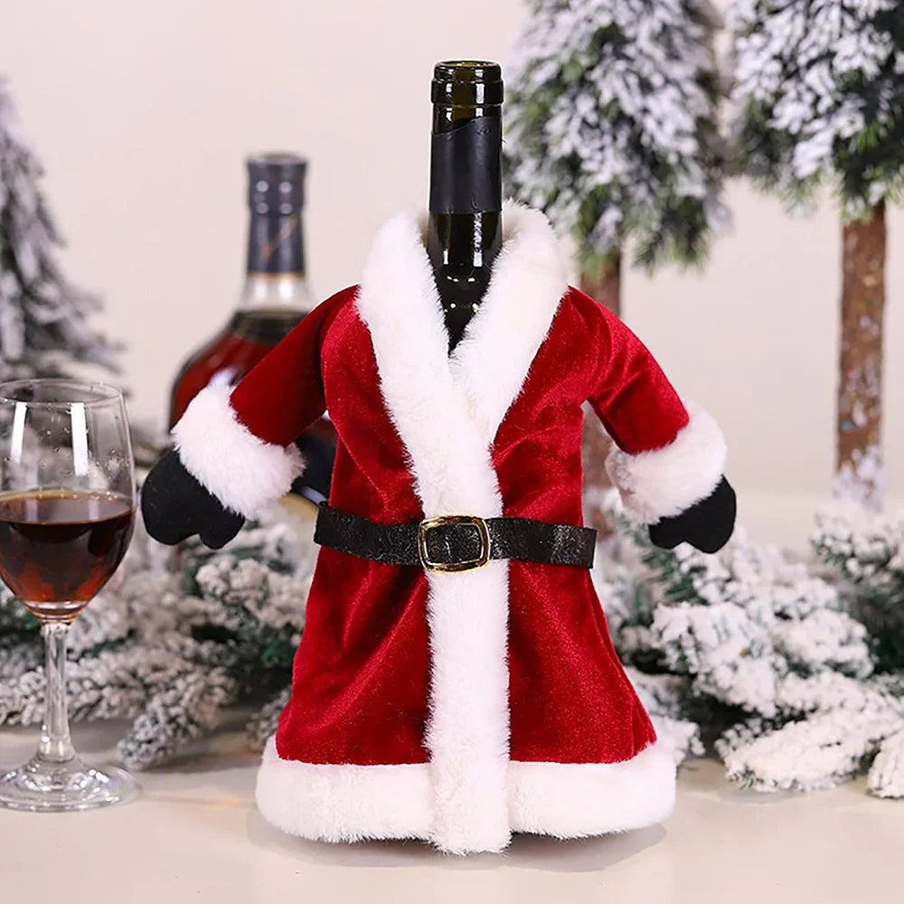 Velvet Wine Bottle Cover Santa Red Wine Bottle Sweater Cover with Belt Set for Christmas Party - Coat - 4