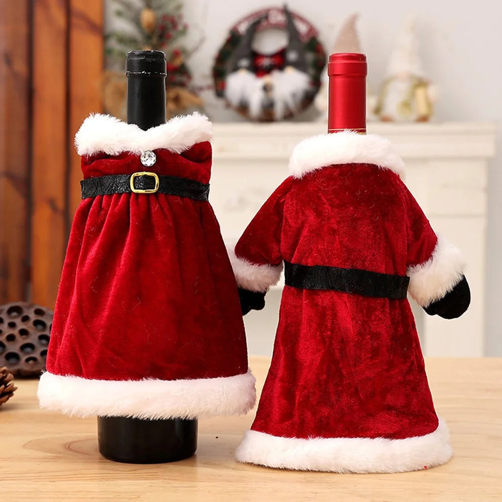 Velvet Wine Bottle Cover Santa Red Wine Bottle Sweater Cover with Belt Set for Christmas Party - Coat - 5
