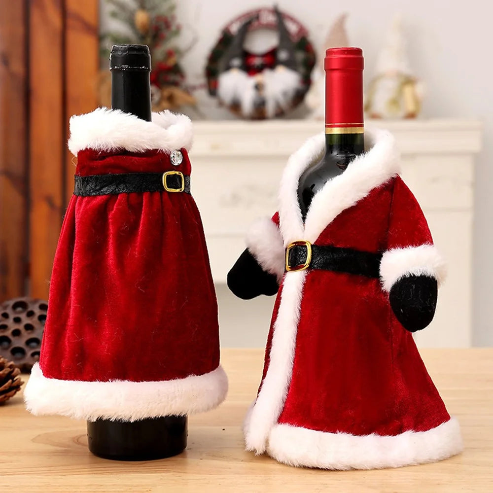 Velvet Wine Bottle Cover Santa Red Wine Bottle Sweater Cover with Belt Set for Christmas Party - Coat - 6