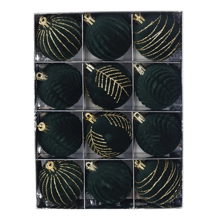 12PCS Christmas Decorations 6cm Boxed Electroplated Flocked Christmas Ball Set Christmas Tree Pendants - Blackish Green - 1