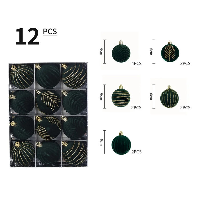 12PCS Christmas Decorations 6cm Boxed Electroplated Flocked Christmas Ball Set Christmas Tree Pendants - Blackish Green - 3