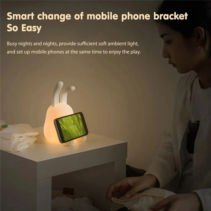 Cartoon Folded Ear Rabbit ABS+Silicone LED Night Lamp Rechargeable Bedside Tap Light Home Decor - 3