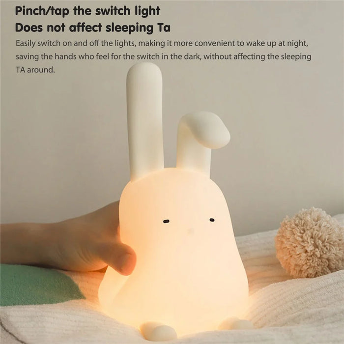 Cartoon Folded Ear Rabbit ABS+Silicone LED Night Lamp Rechargeable Bedside Tap Light Home Decor - 6