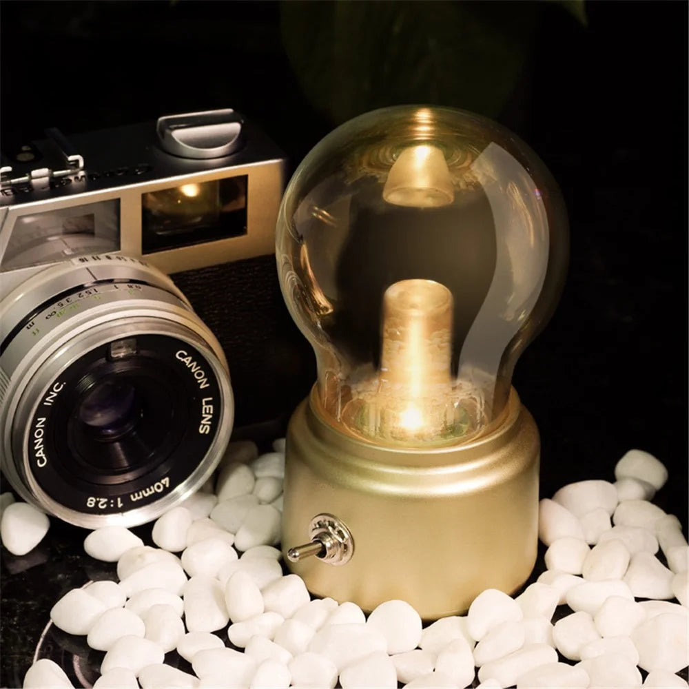Retro Bulb Shape Bedside Desktop LED Lamp Rechargeable ABS+Glass Night Light - Gold - 2
