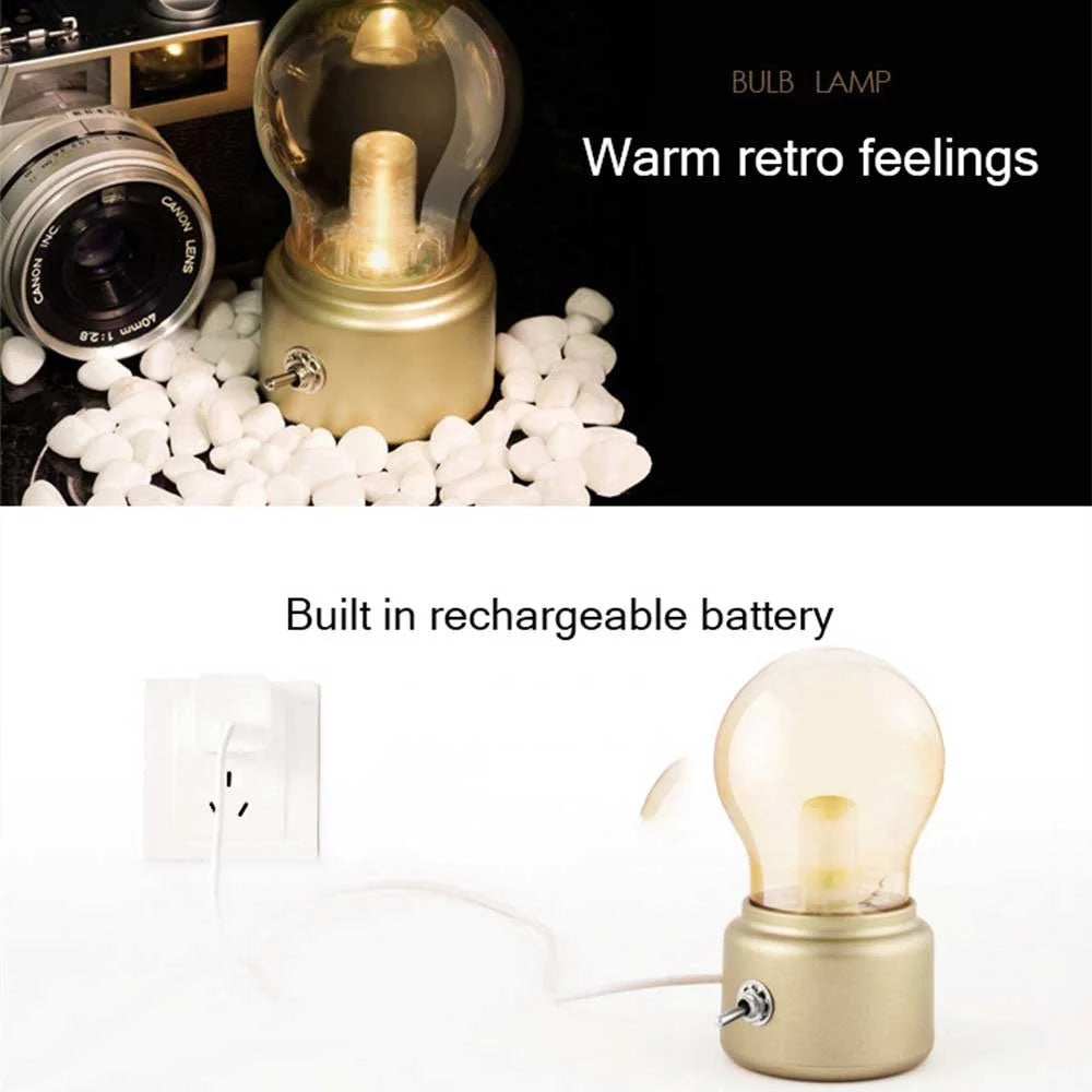 Retro Bulb Shape Bedside Desktop LED Lamp Rechargeable ABS+Glass Night Light - Gold - 4