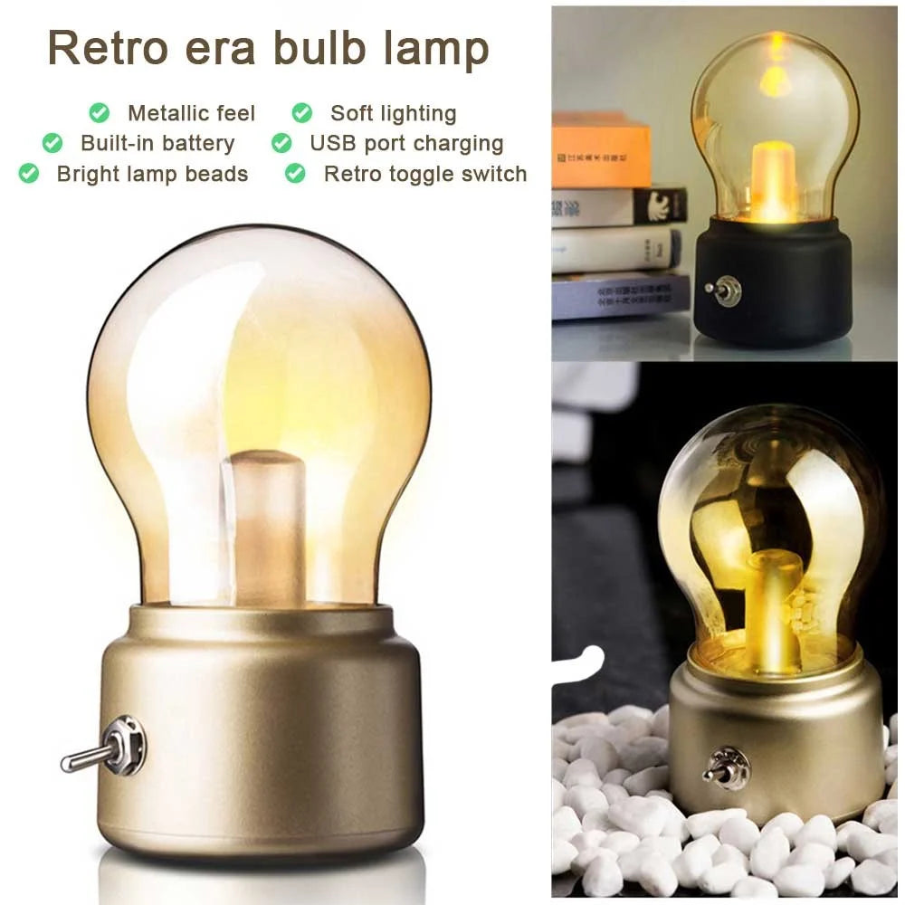Retro Bulb Shape Bedside Desktop LED Lamp Rechargeable ABS+Glass Night Light - Gold - 7