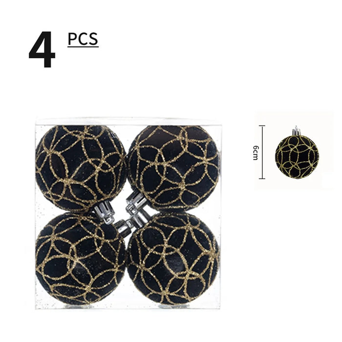 4Pcs 6cm Electroplated Flocking Christmas Ball Reusable Xmas Tree Hanging Ornament - Style A+Black - 6