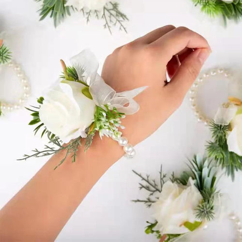 Simulated Rose Handmade Silk Flower Bride Bridemaid Corsage / Wrist Flower for Wedding Party - Milky White Wrist Flower - 1