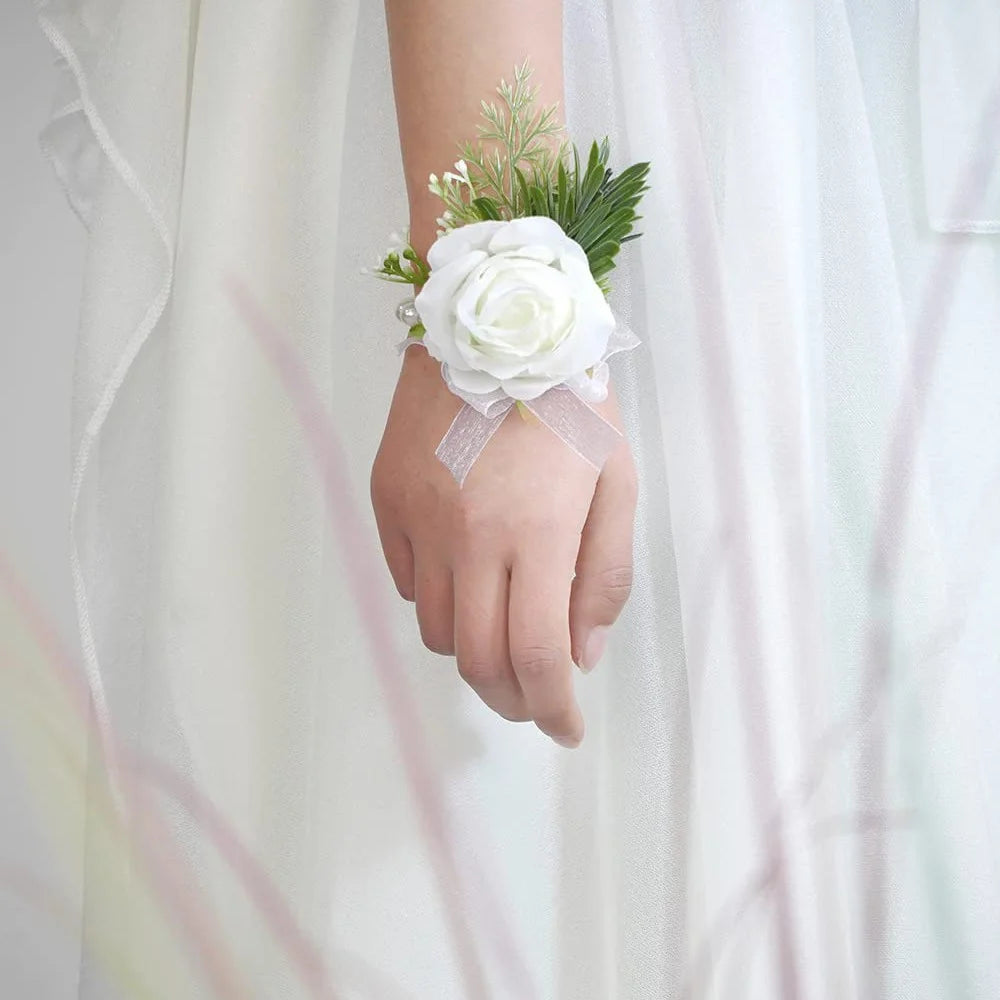Simulated Rose Handmade Silk Flower Bride Bridemaid Corsage / Wrist Flower for Wedding Party - Milky White Wrist Flower - 3
