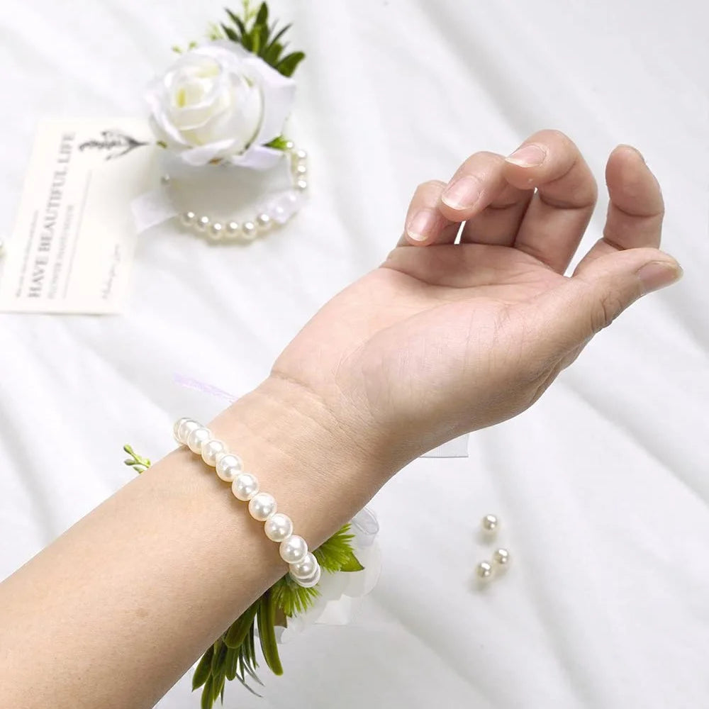 Simulated Rose Handmade Silk Flower Bride Bridemaid Corsage / Wrist Flower for Wedding Party - Milky White Wrist Flower - 4