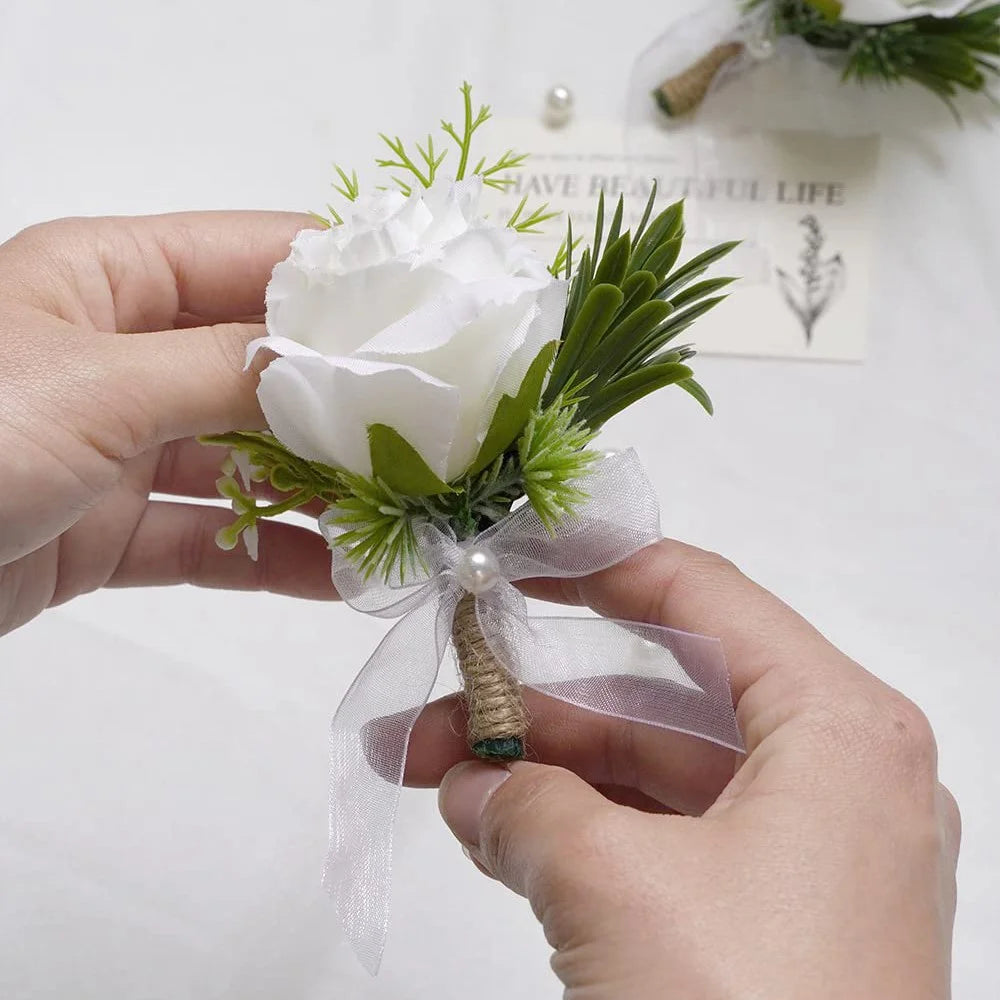 Simulated Rose Handmade Silk Flower Bride Bridemaid Corsage / Wrist Flower for Wedding Party - Milky White Wrist Flower - 5