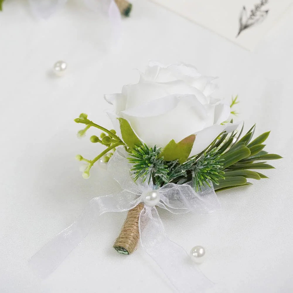 Simulated Rose Handmade Silk Flower Bride Bridemaid Corsage / Wrist Flower for Wedding Party - Milky White Wrist Flower - 7
