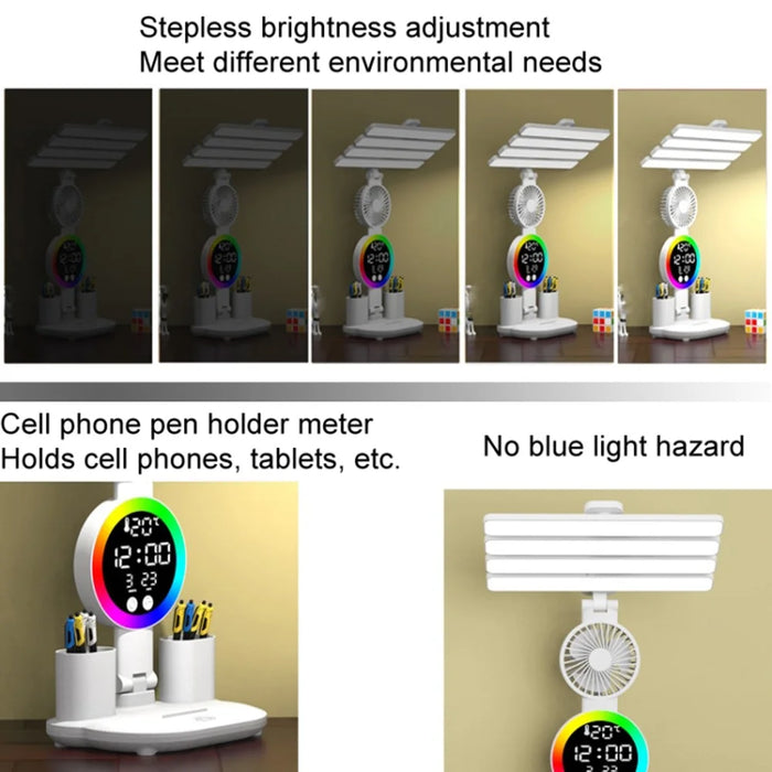 Touch 3 Modes LED Eye Protection Desk Lamp Clock Fan Pen Holder Desk Lamp, USB Cable Powered - 3