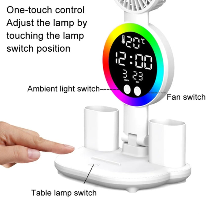 Touch 3 Modes LED Eye Protection Desk Lamp Clock Fan Pen Holder Desk Lamp, USB Cable Powered - 4