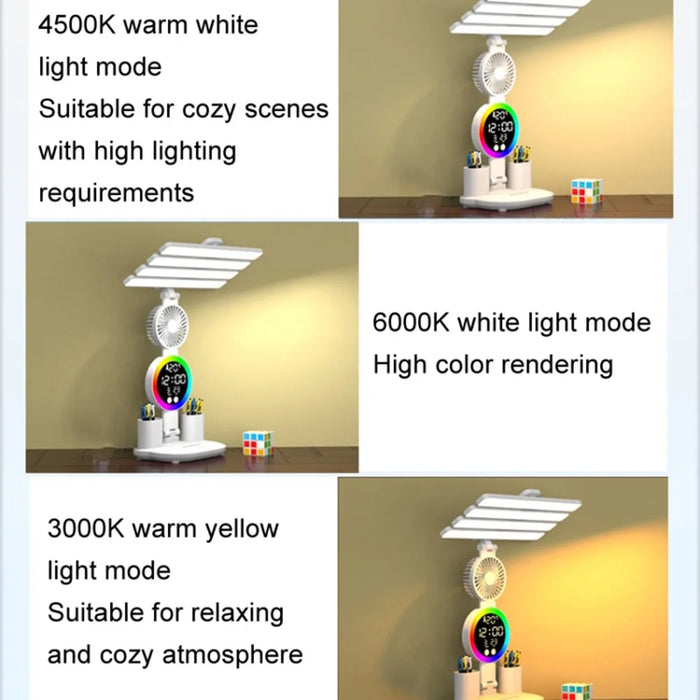 Touch 3 Modes LED Eye Protection Desk Lamp Clock Fan Pen Holder Desk Lamp, USB Cable Powered - 7