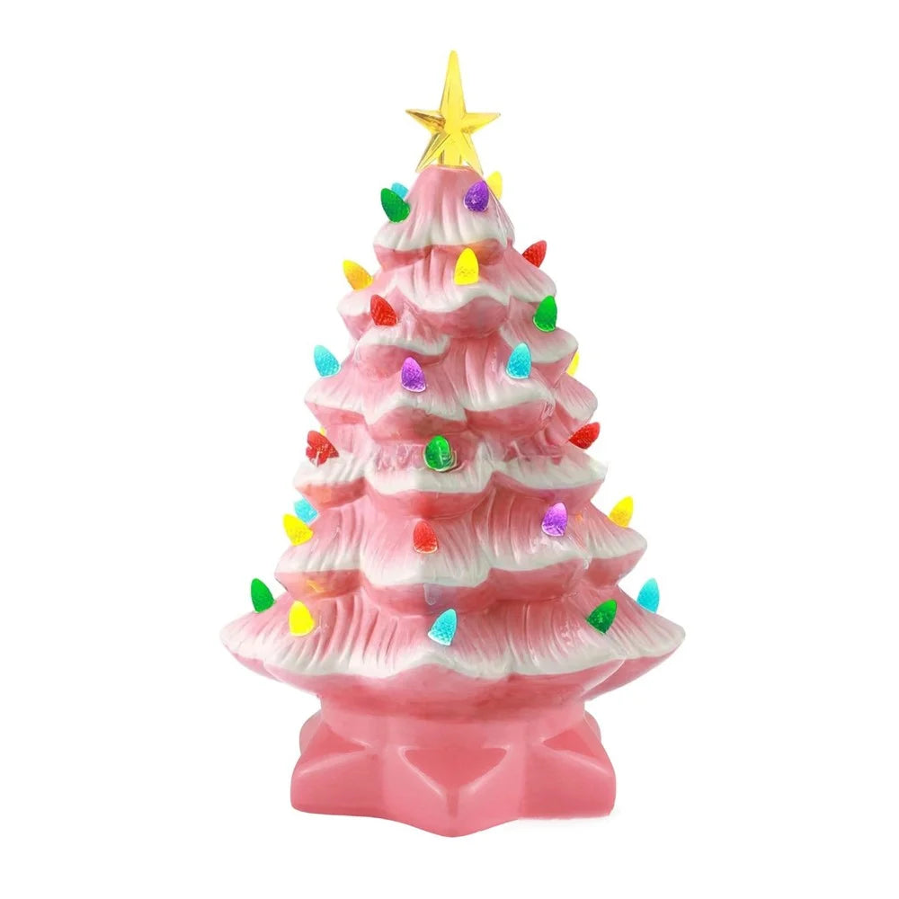 Resin Christmas Tree LED Light Ornament 30cm Christmas Tree Tabletop Decorations, Battery Operated - Pink - 1