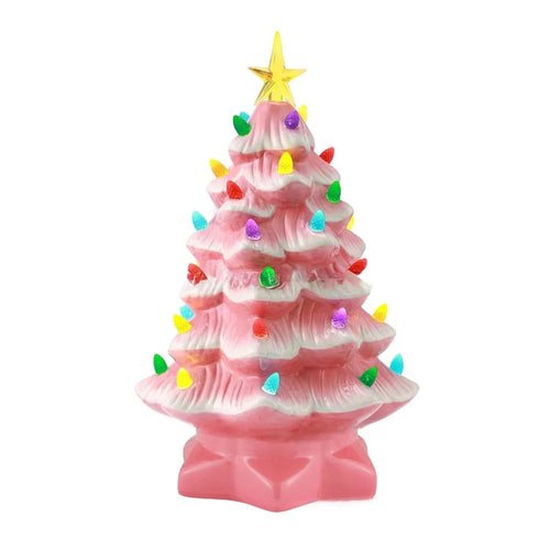 Resin Christmas Tree LED Light Ornament 30cm Christmas Tree Tabletop Decorations, Battery Operated - Pink - 1