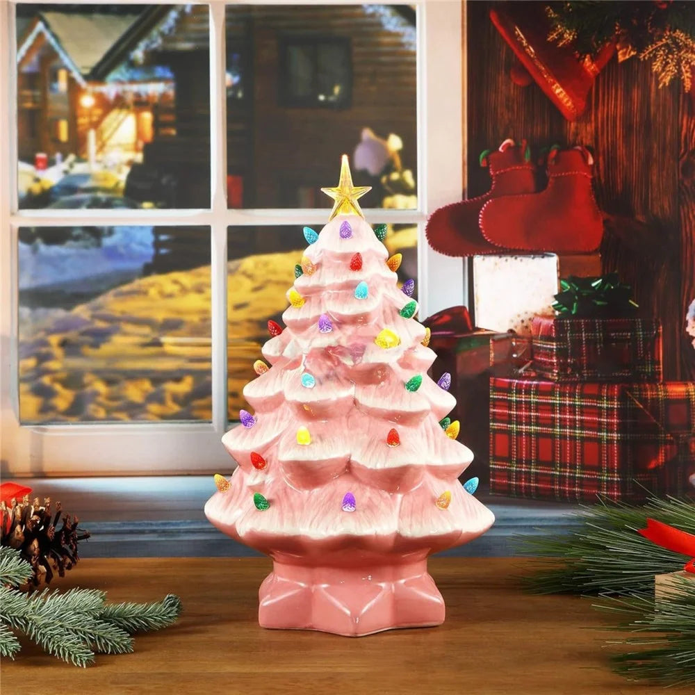 Resin Christmas Tree LED Light Ornament 30cm Christmas Tree Tabletop Decorations, Battery Operated - Pink - 2