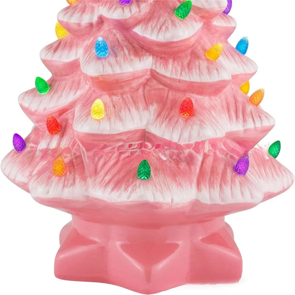 Resin Christmas Tree LED Light Ornament 30cm Christmas Tree Tabletop Decorations, Battery Operated - Pink - 3