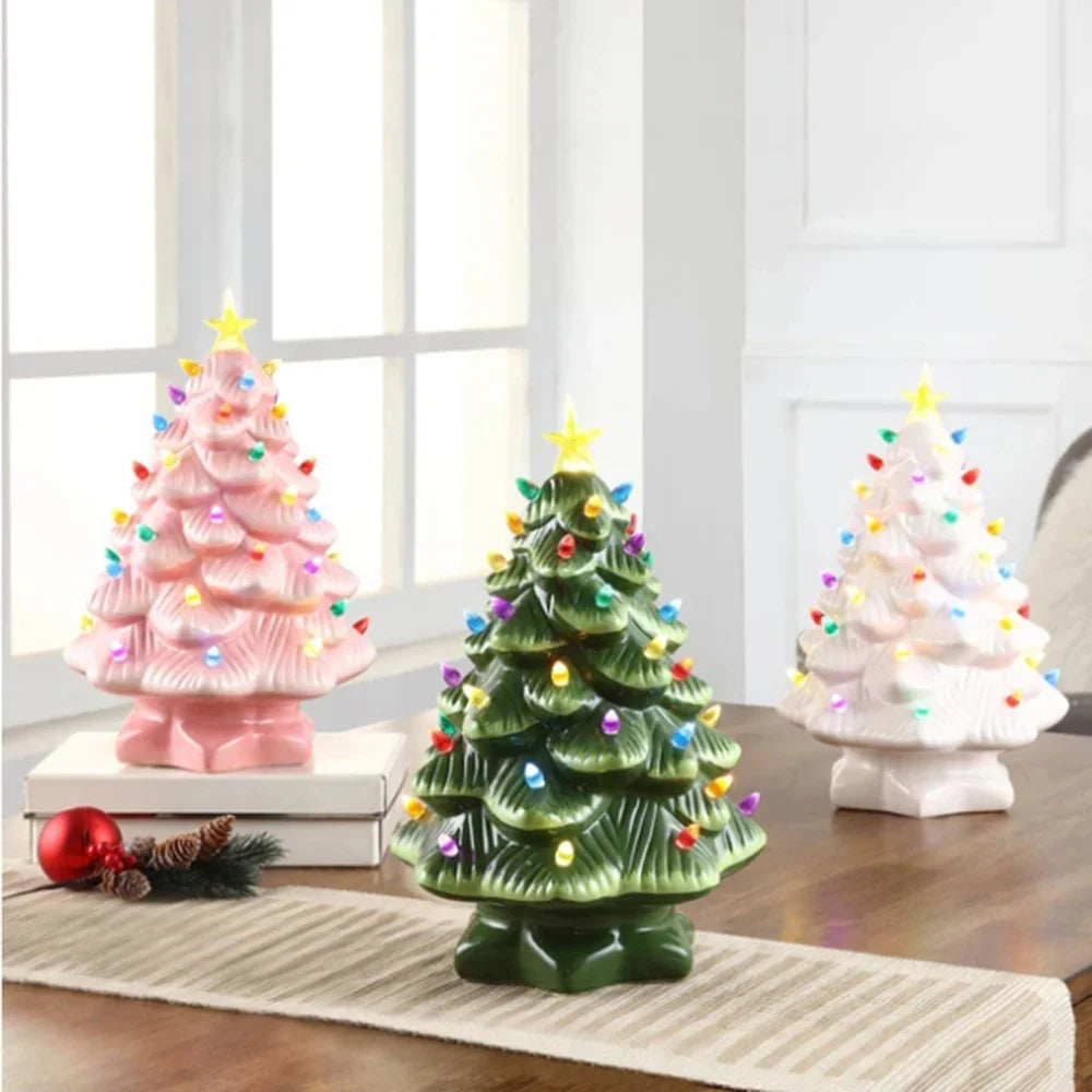 Resin Christmas Tree LED Light Ornament 30cm Christmas Tree Tabletop Decorations, Battery Operated - Pink - 4