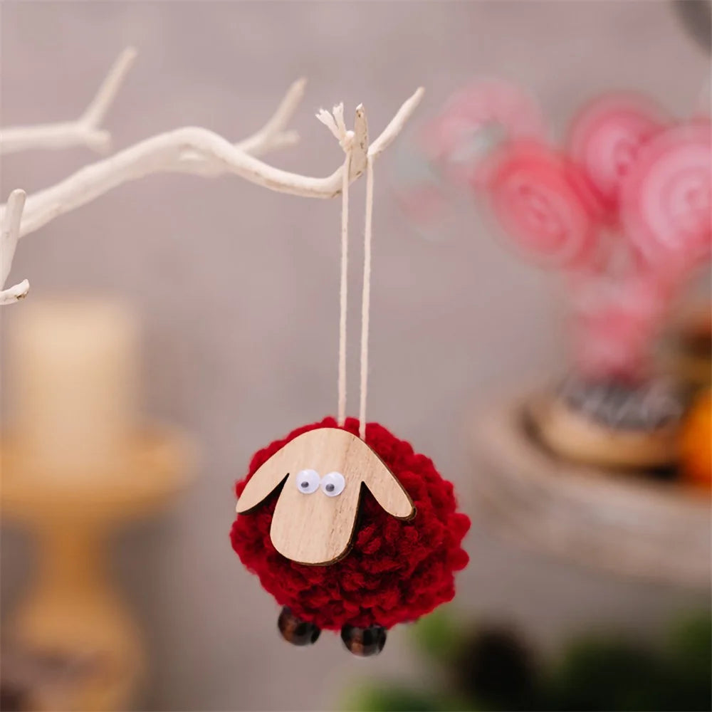 Christmas Tree Pendants Wooden Lamb Sheep Fleece Hanging Ornament Gift Xmas Tree Decoration - Red - 2