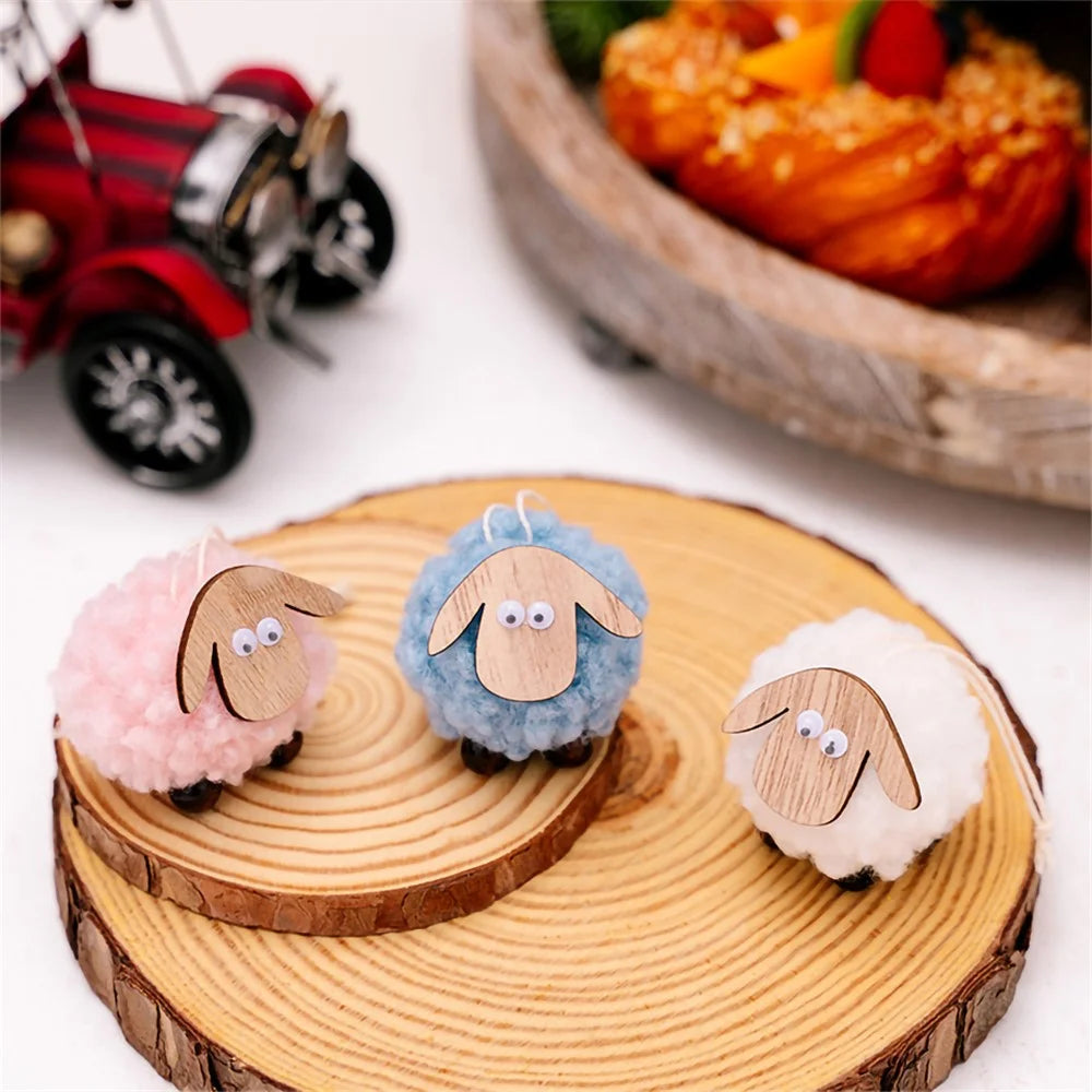 Christmas Tree Pendants Wooden Lamb Sheep Fleece Hanging Ornament Gift Xmas Tree Decoration - Red - 6