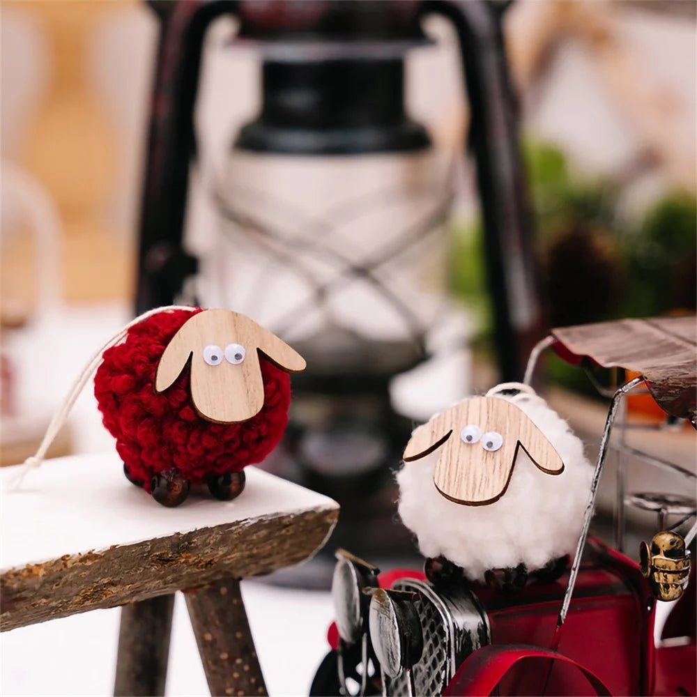 Christmas Tree Pendants Wooden Lamb Sheep Fleece Hanging Ornament Gift Xmas Tree Decoration - Red - 7