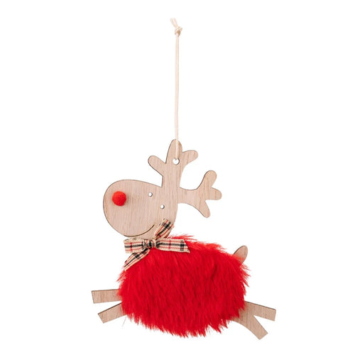 Christmas Elk Hanging Ornament Gifts Wooden Reindeer Plush Pendants Christmas Tree Decor - Red - 1